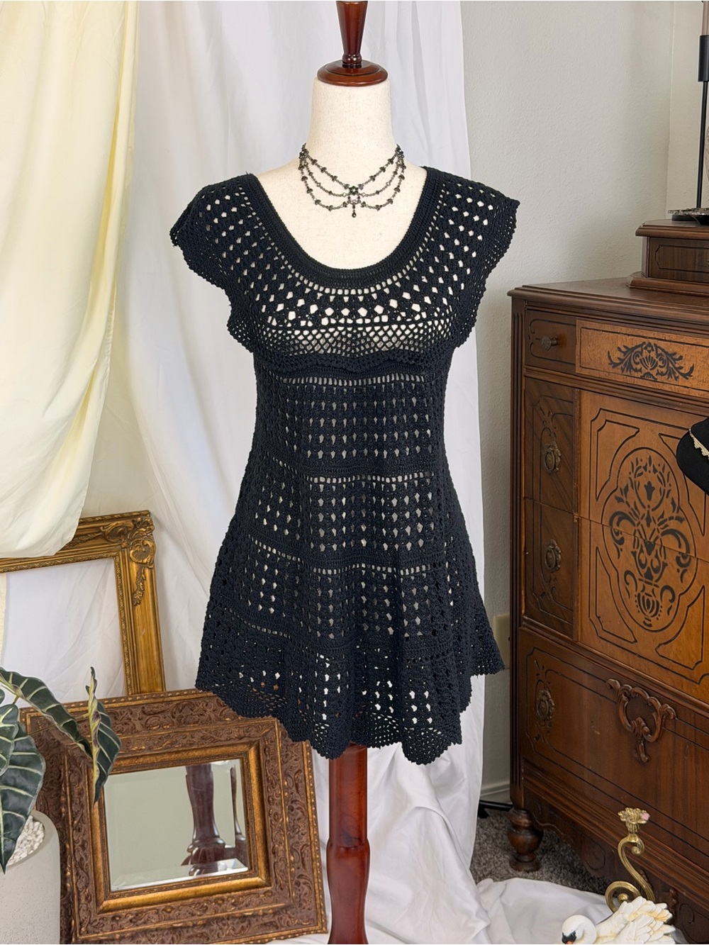 525 America Black Crochet Scoop Neck Top Goth Summer Fairy Cottage Tunic Dress